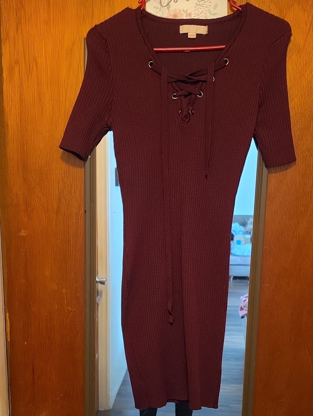 Love Tree Burgundy Lace-Up Ribbed Mini Dress